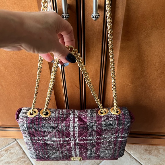 Michelle Moon Quilted Leather And Tweed Two-Tone Fabric Bag in Plum And Grey - Picture 15 of 16